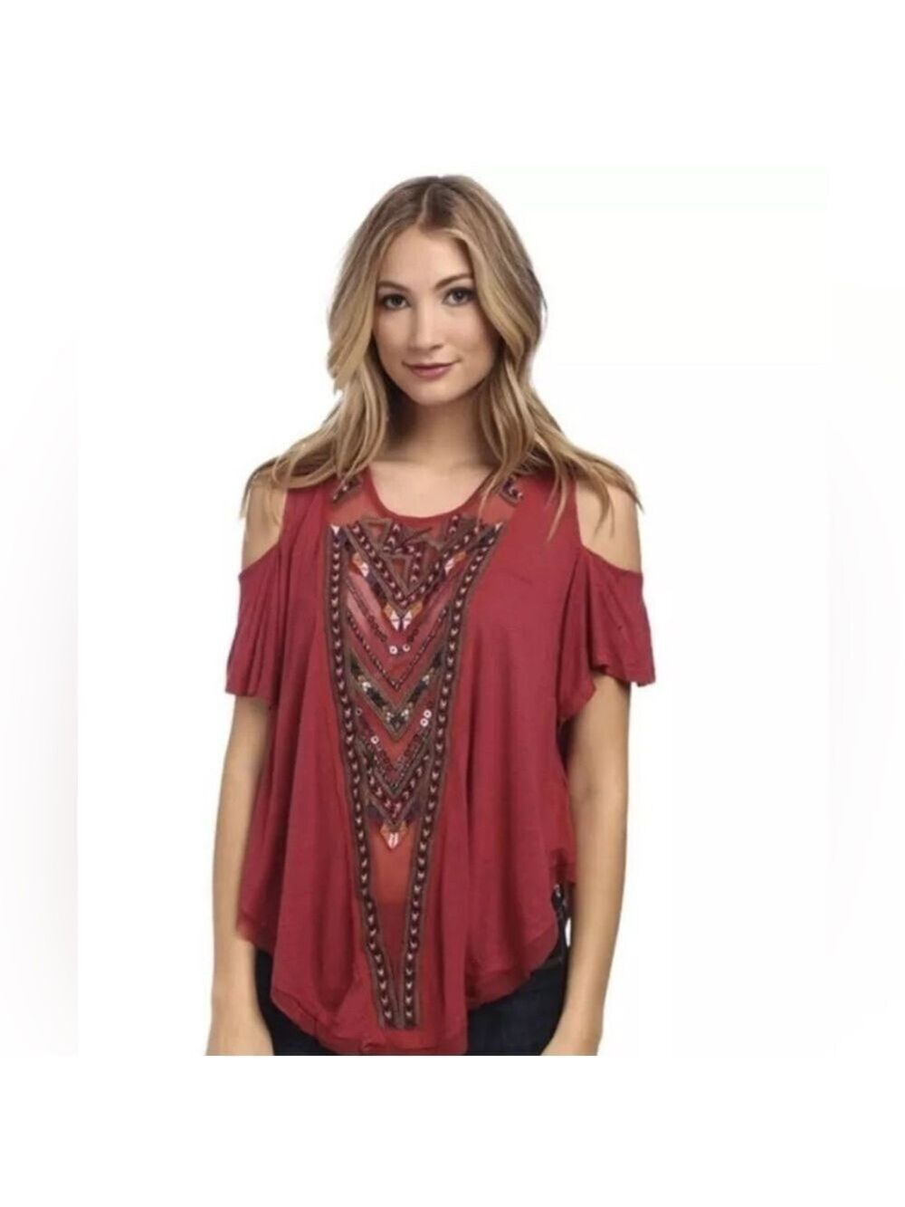 Free people Gypsy spell burgundy Red beaded Tunic top w/cold shoulders